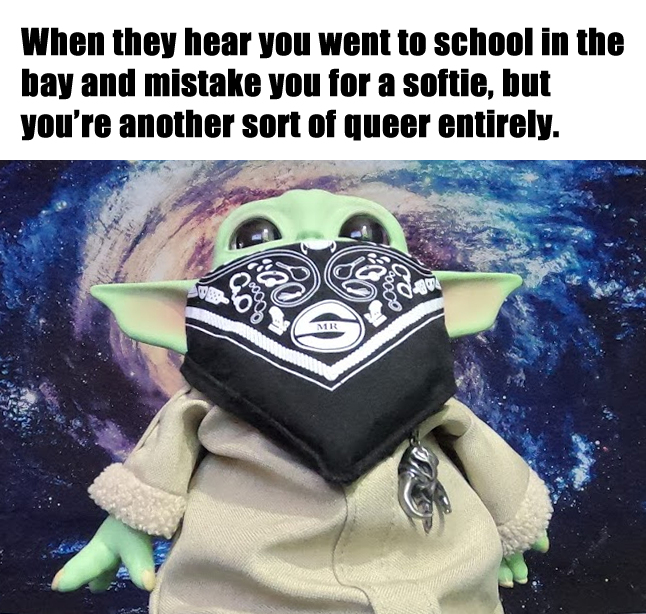 This meme features a photo of a character from the Star Wars franchise, likely a child version of the character, wearing a mask with a bandana or scarf covering their face. The text above the image reads: "When they hear you went to school in the bay and mistake you for a softie, but you're actually a queer person who's been through hell and back, and you're still here, still fighting, still resisting, and still proud of who you are." The meme is likely referencing a personal experience of being misjudged or misunderstood by others, and the image is a humorous way to express that feeling.